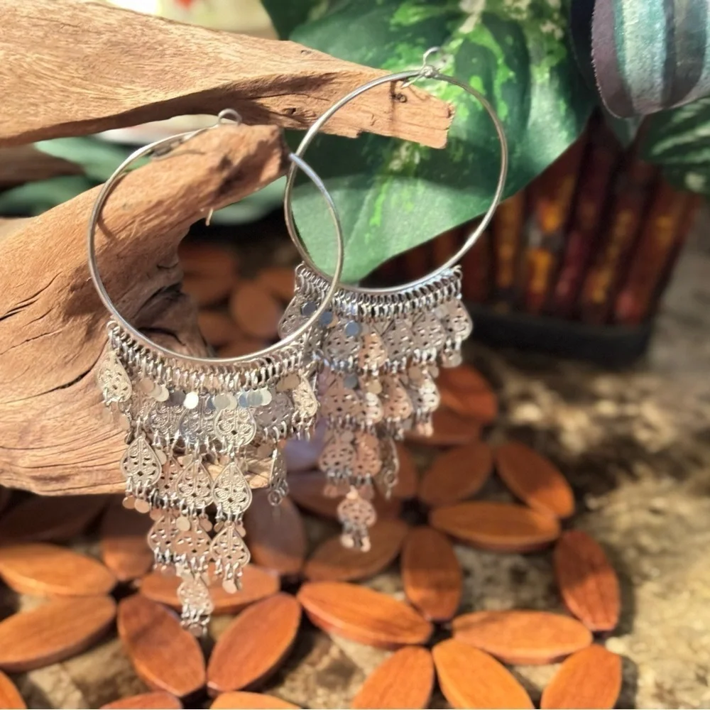 Silver Hoop Chandelier Earrings with Dangle Charms